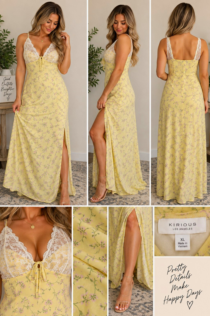 Kirious Los Angeles XL Yellow Floral Lace Maxi Dress Cottagecore Coquette Slit